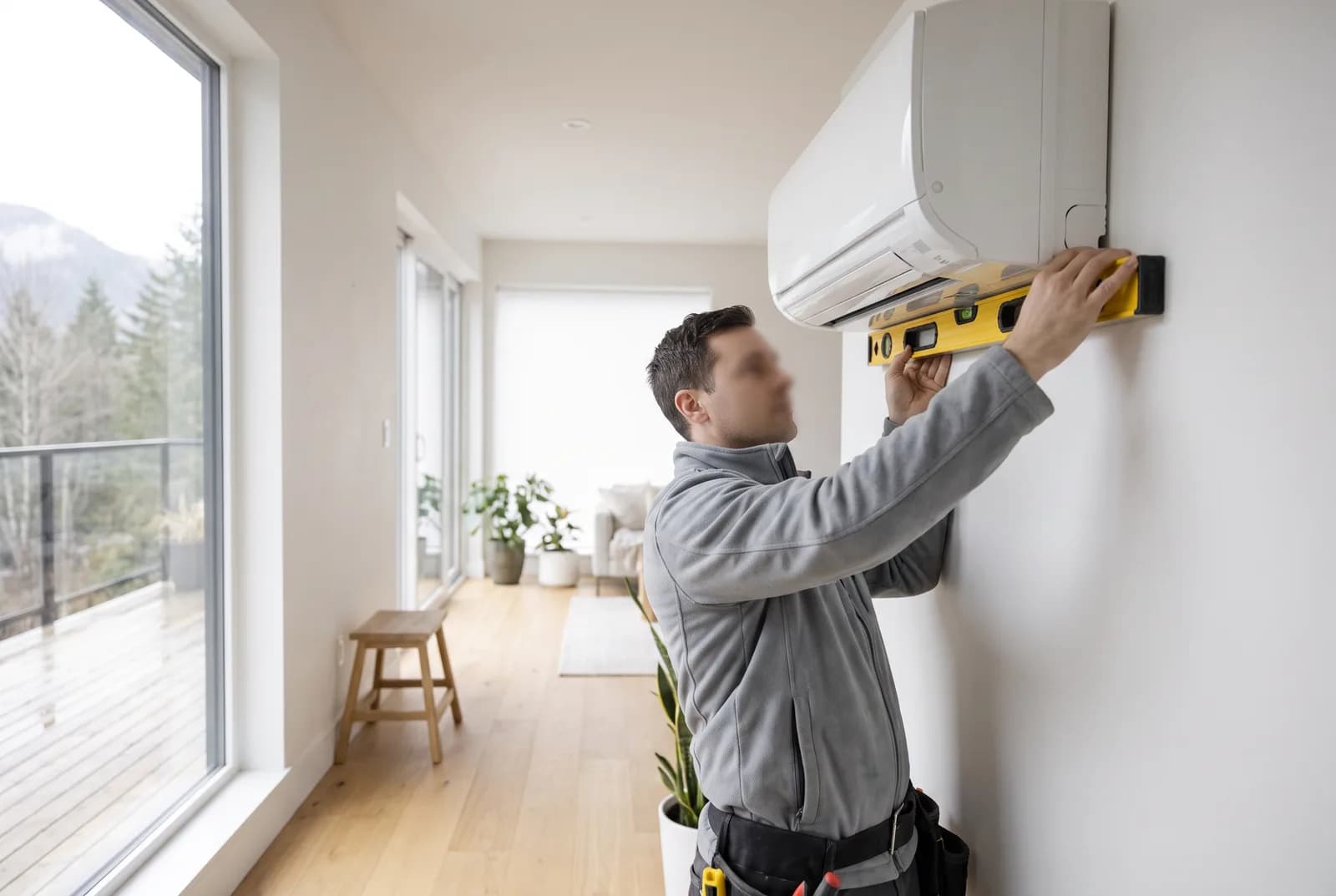 Technician mounting a ductless heat pump head on the interior wall of a Vancouver home