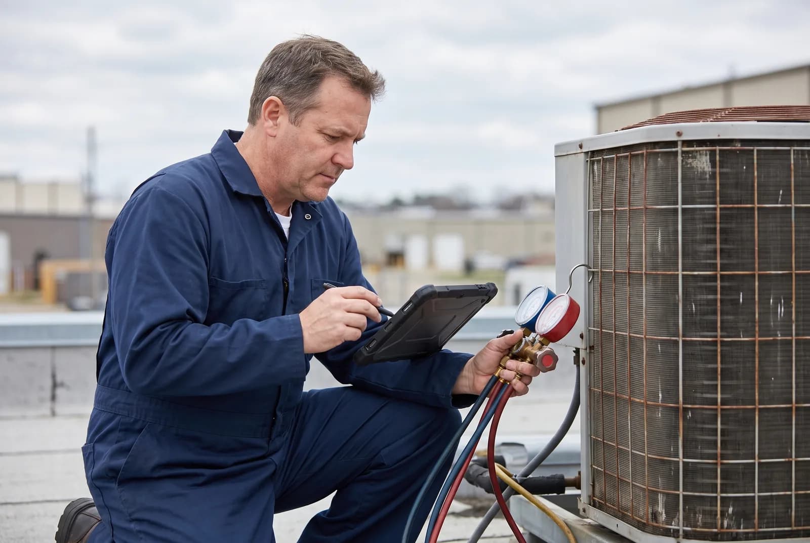 Technician recording readings during a scheduled maintenance inspection at a Vancouver business