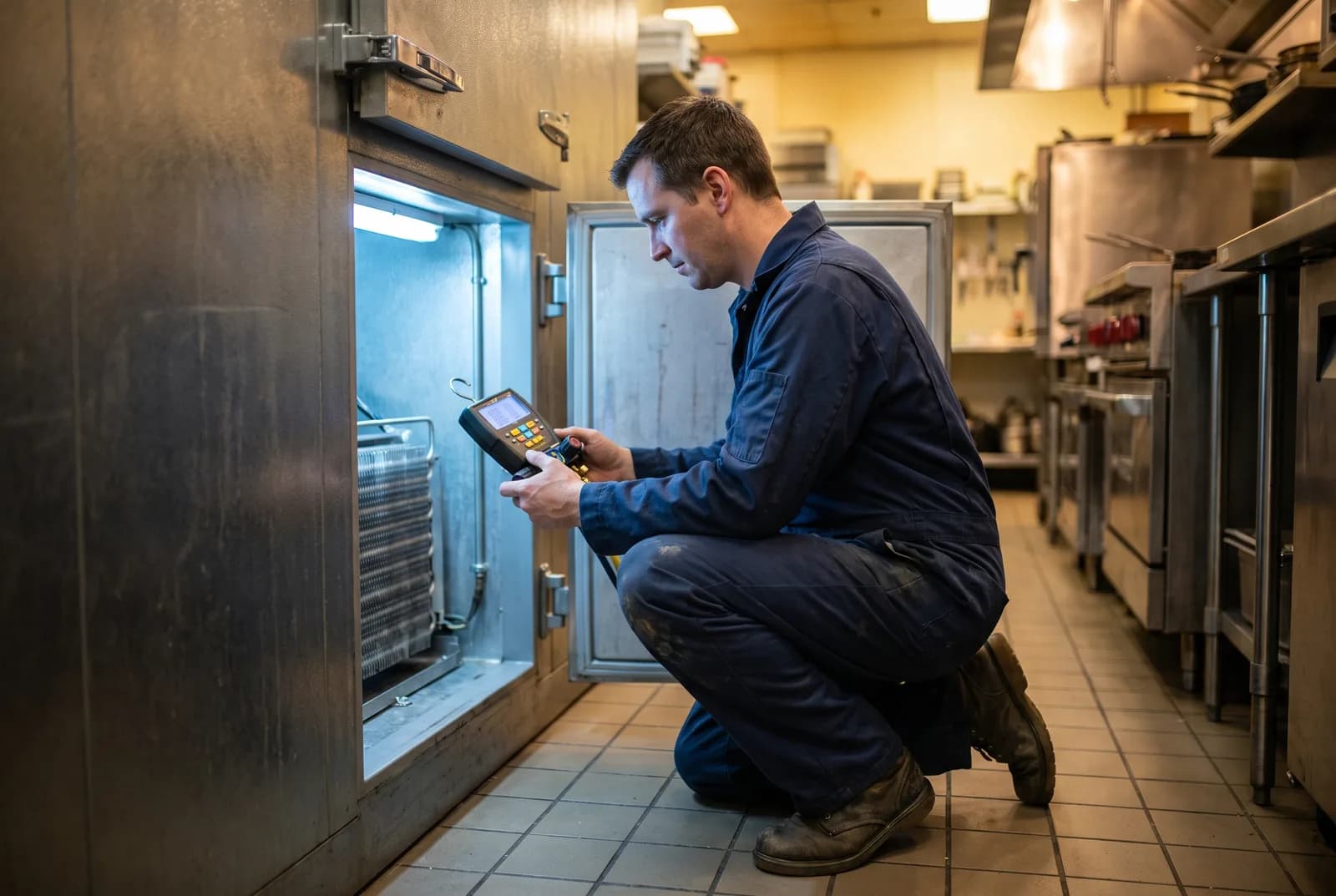 Refrigeration technician checking an open walk-in cooler's evaporator with a digital manifold gauge in a Vancouver commercial kitchen