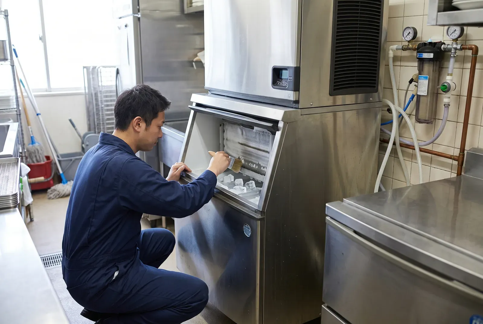 Refrigeration technician cleaning and sanitizing a commercial ice machine in a Vancouver restaurant kitchen