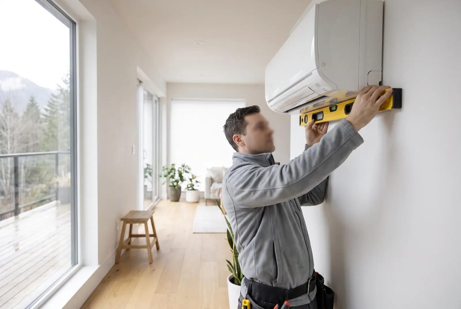 Technician mounting a ductless heat pump head on the interior wall of a Vancouver home