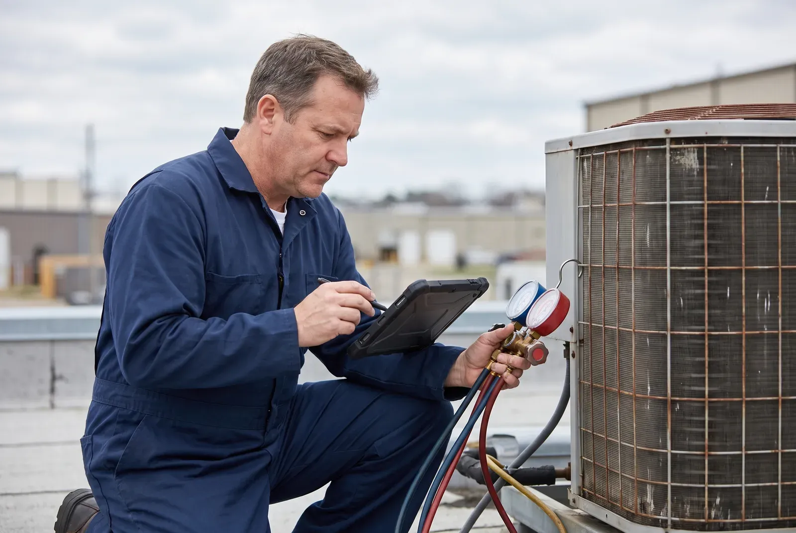 Technician recording readings during a scheduled maintenance inspection at a Vancouver business
